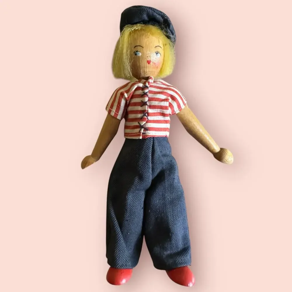 Vintage 1940s Wooden Peg Doll Hand Painted Polish Figure 7.5”